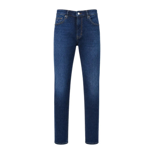 Tommy Hilfiger slim fit jeans for men in dark blue denim with straight-leg cut and subtle thigh fading, front view