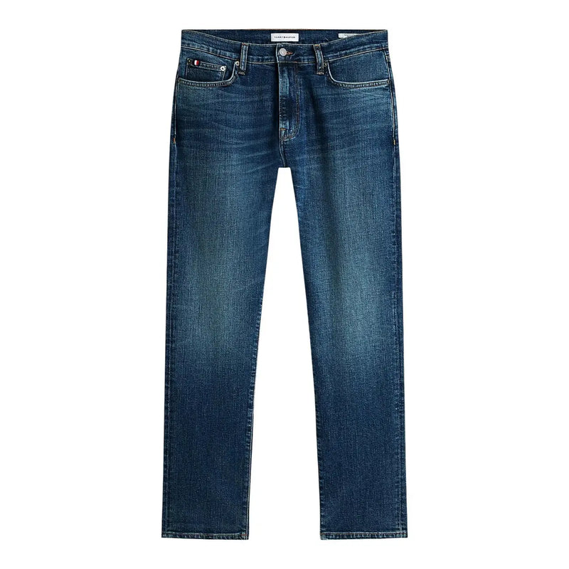 Tommy Hilfiger slim fit jeans for men in dark blue denim with straight-leg cut and subtle fading, front view