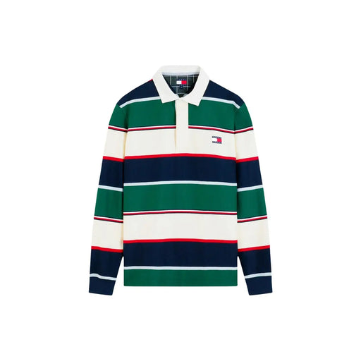 Tommy Hilfiger striped polo for men in navy green cream and red horizontal stripes, front view