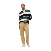 Tommy Hilfiger Gestreiftes Polo-Langarm-Rugbyshirt für Herren in Grün, Marineblau und Creme mit horizontalen Streifen, Vorderansicht