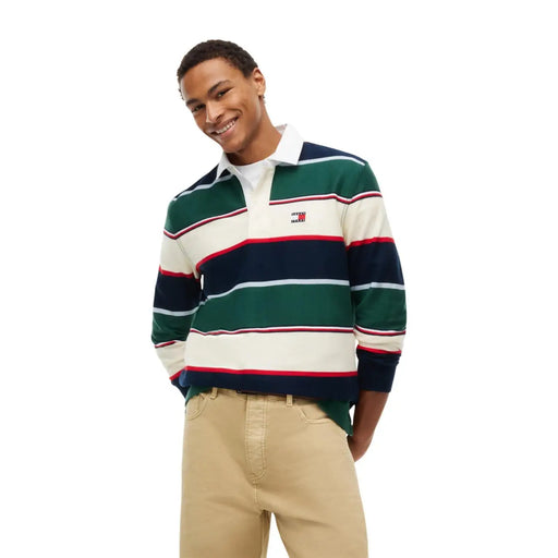 Tommy Hilfiger striped polo for men in green navy cream and red with white collar and bold horizontal stripes front view
