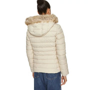 Tommy Hilfiger cream puffer jacket with light brown fur hood for women