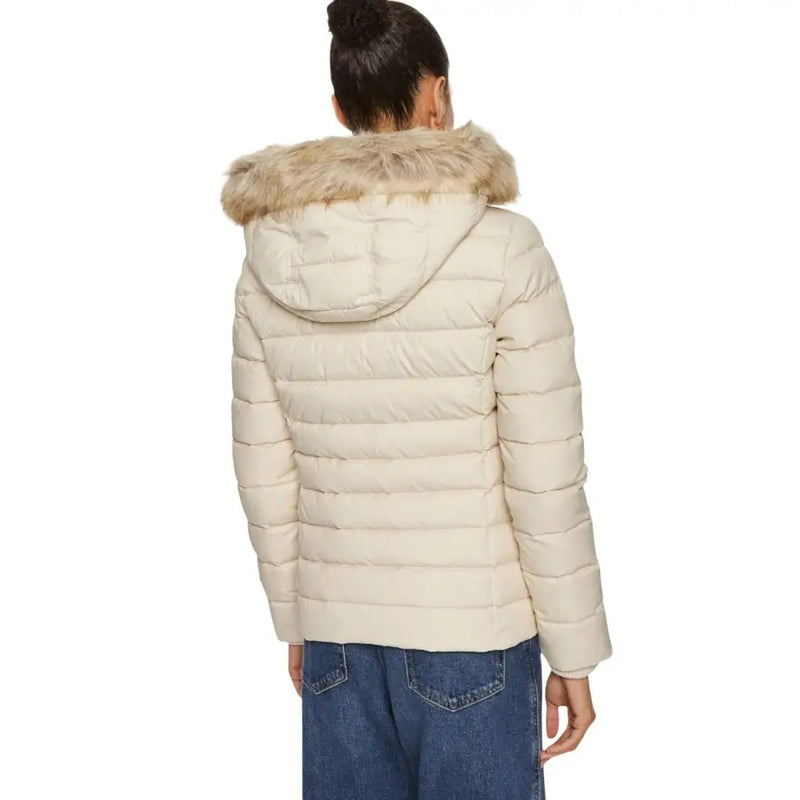 Tommy Hilfiger cream puffer jacket with light brown fur hood for women
