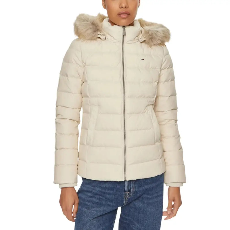 Tommy Hilfiger cream quilted puffer jacket with beige fur hood