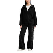 Black hooded zip front sweatshirt with small embroidered logo on chest displayed with tommy hilfiger white organic cotton round neck t shirt