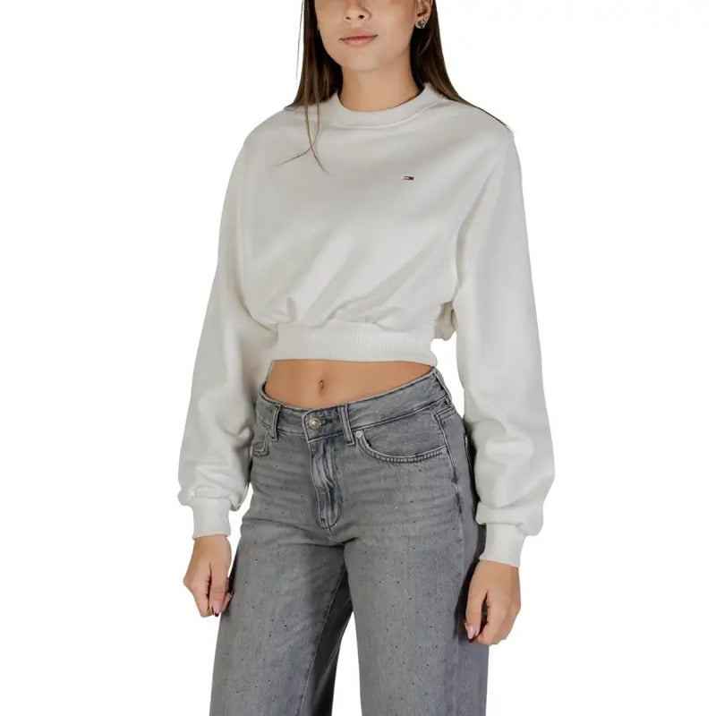 Tommy Hilfiger white organic cotton cropped sweatshirt with long sleeves and ribbed hem