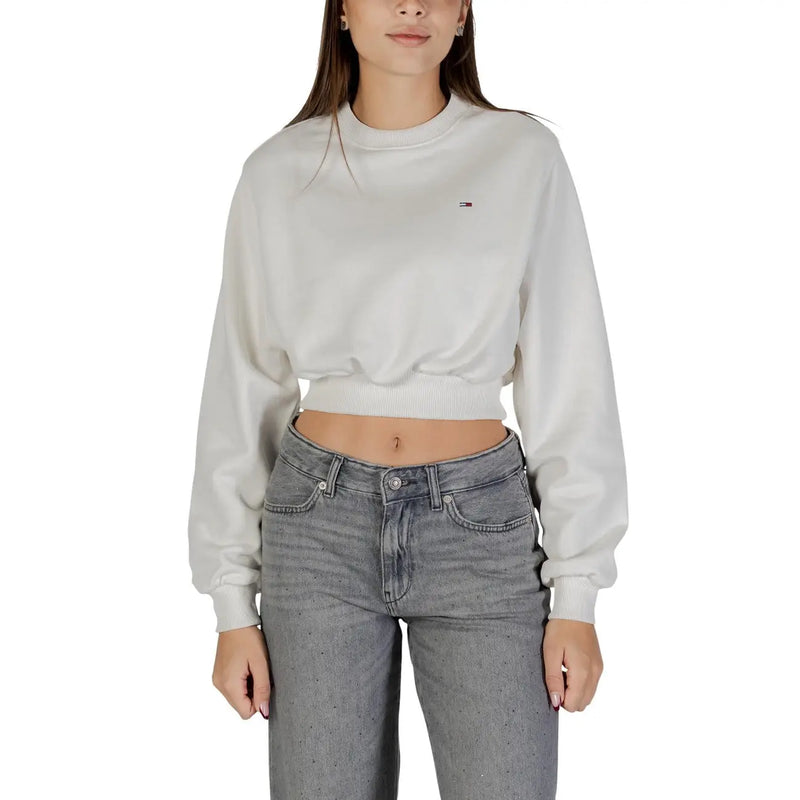 Tommy Hilfiger white organic cotton women’s cropped sweatshirt with ribbed hem and cuffs in soft off-white color