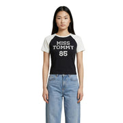 Black and white raglan sleeve cropped t-shirt with miss tommy 85 print made of organic cotton by tommy hilfiger