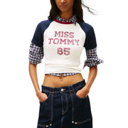 Tommy Hilfiger white organic cotton crop top with navy raglan sleeves and plaid lining featuring miss tommy 85 lettering
