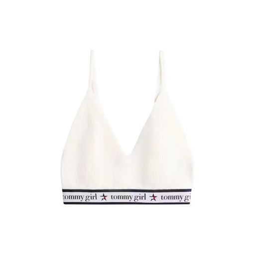 Tommy Hilfiger white sleeveless v neck knit top with ribbed tommy girl bralette and black elastic band detail