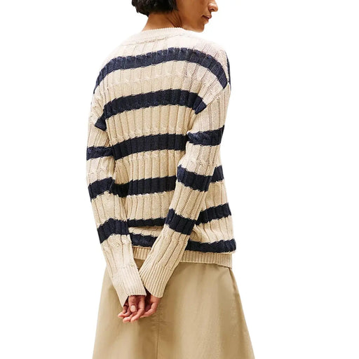 Tommy Hilfiger Damen-Strickpullover aus beigefarbenem und marineblauem, gestreiftem Leinen mit Rippstrickbündchen und Reißverschluss, Vorderansicht