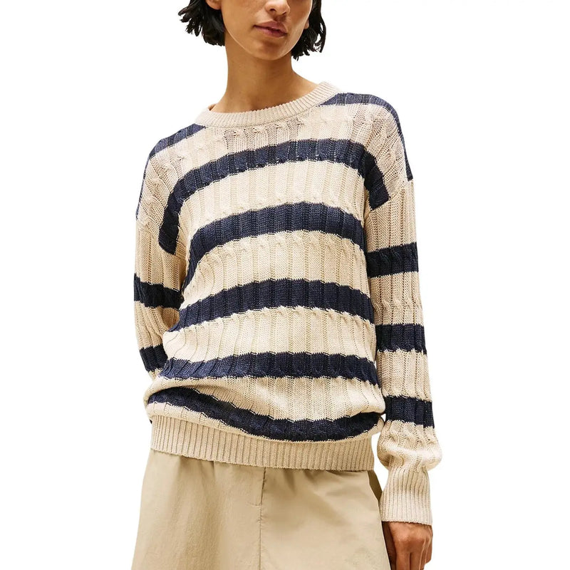 Tommy Hilfiger Pull en lin rayé beige crème et bleu marine pour femme, avec col rond, poignets et ourlet côtelés