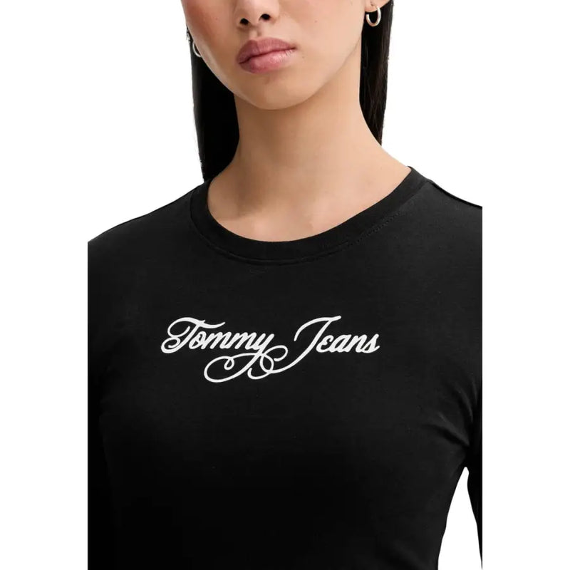 Tommy Hilfiger women black long sleeve organic cotton tee with white cursive logo across the chest