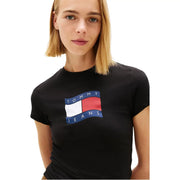 Tommy Hilfiger women black organic cotton t shirt with round neck and bold colorful red white and blue flag logo