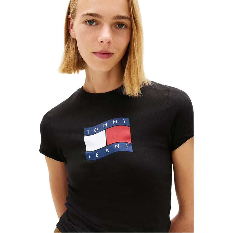 Tommy Hilfiger women black organic cotton t shirt with round neck and bold colorful red white and blue flag logo