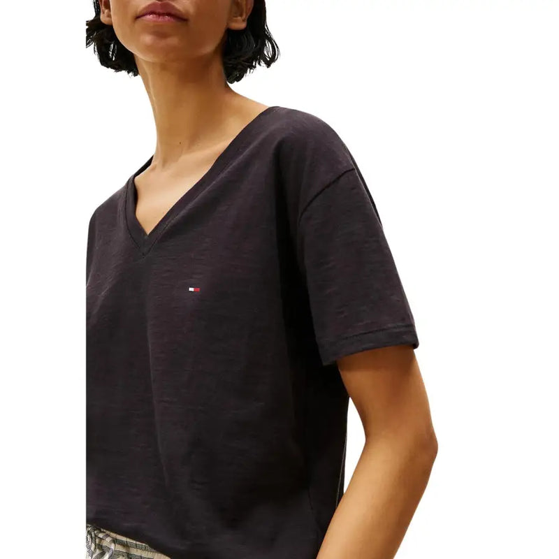 Tommy Hilfiger women black organic cotton v neck t shirt with small embroidered flag logo on left chest