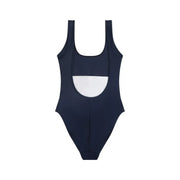 Back view of tommy hilfiger women blue beachwear scoop neck nylon one-piece swimsuit with white panel and thin straps
