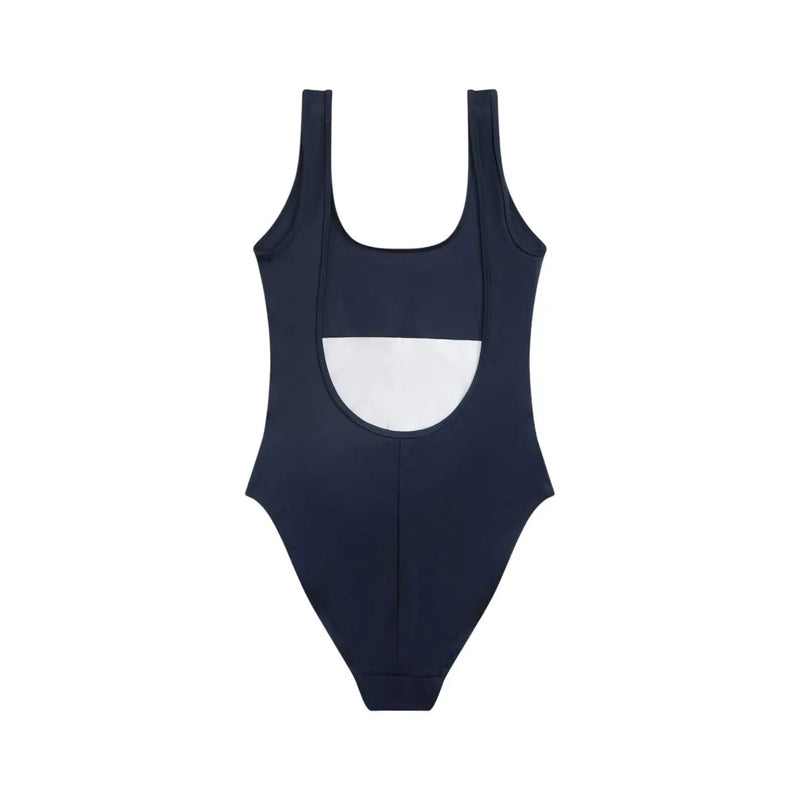 Back view of tommy hilfiger women blue beachwear scoop neck nylon one-piece swimsuit with white panel and thin straps