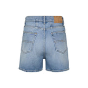 Light wash denim shorts with tan Tommy Hilfiger brand patch on back waistband