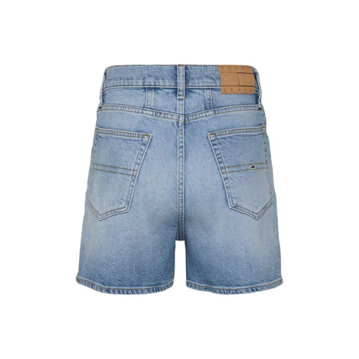 Light wash denim shorts with tan Tommy Hilfiger brand patch on back waistband