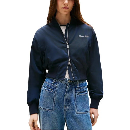 Marineblaue Tommy Hilfiger Damen-Bomberjacke aus Polyester mit silbernem Reißverschluss und gesticktem Logo auf der Vorderseite