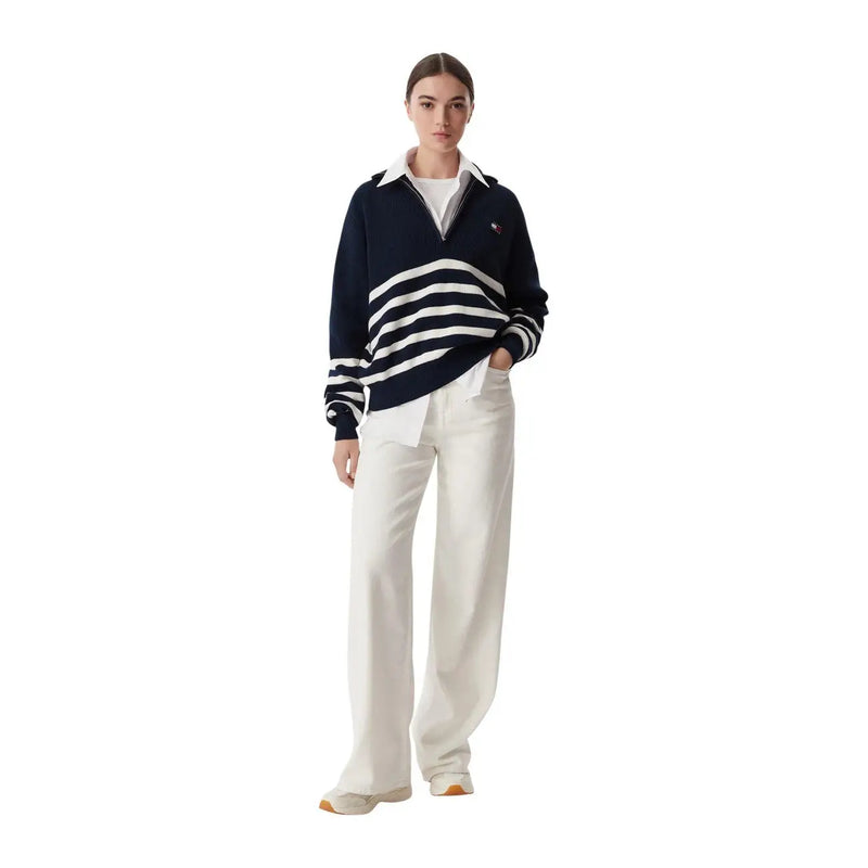 Tommy Hilfiger Pull à col roulé rayé bleu marine et blanc pour femme, avec col et poignets côtelés