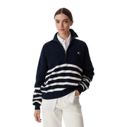 Tommy Hilfiger Pull en maille rayé bleu marine et blanc à demi-zip pour femme, avec poignets côtelés et logo sur la poitrine