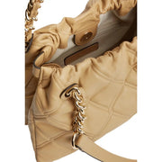 Tommy Hilfiger women brown mini tote bag in beige quilted leather with gold-tone chain strap and drawstring closure