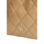 Beige quilted leather tommy hilfiger women brown mini tote bag with gold-tone th logo emblem and 28cm size