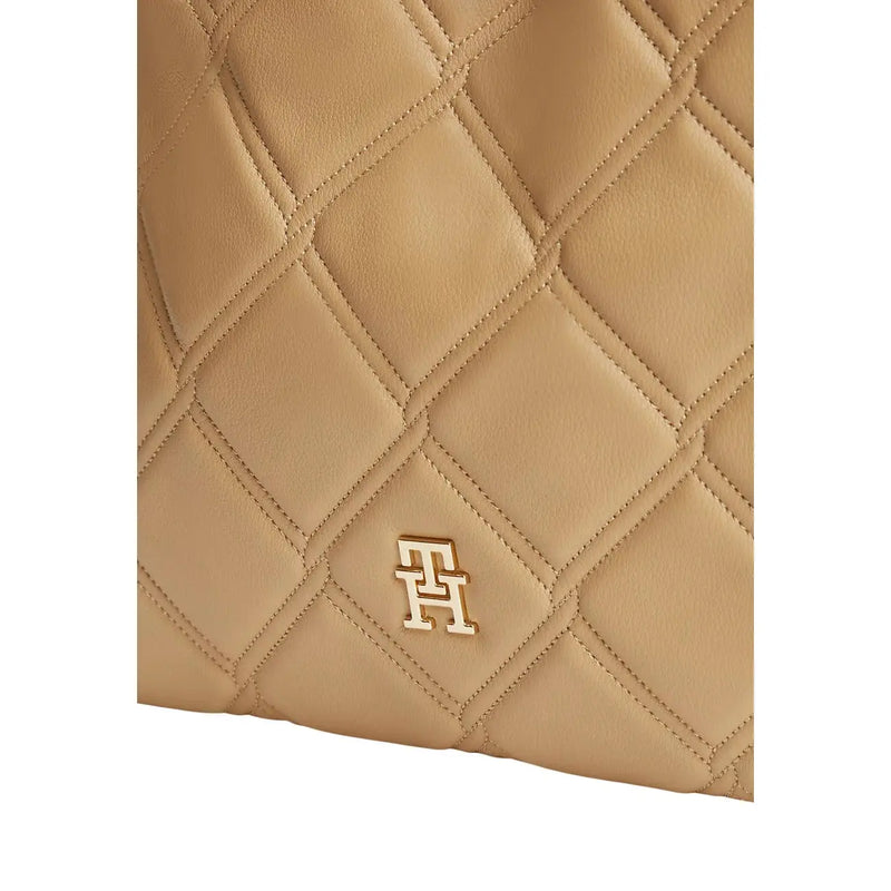 Beige quilted leather tommy hilfiger women brown mini tote bag with gold-tone th logo emblem and 28cm size
