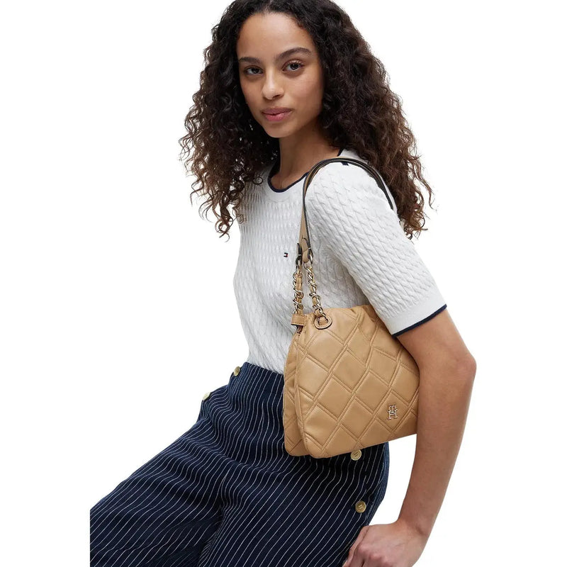 Beige quilted leather tommy hilfiger shoulder bag with gold-tone chain strap mini tote bag polyurethane 28cm