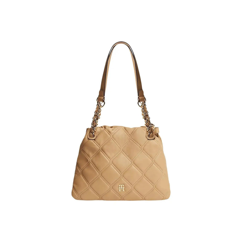 Tommy Hilfiger women brown mini tote bag in beige quilted leather with gold-tone chain and strap accents