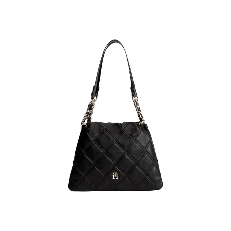 Black quilted leather handbag with chain and strap detail alongside tommy hilfiger brown mini tote bag polyurethane 28cm