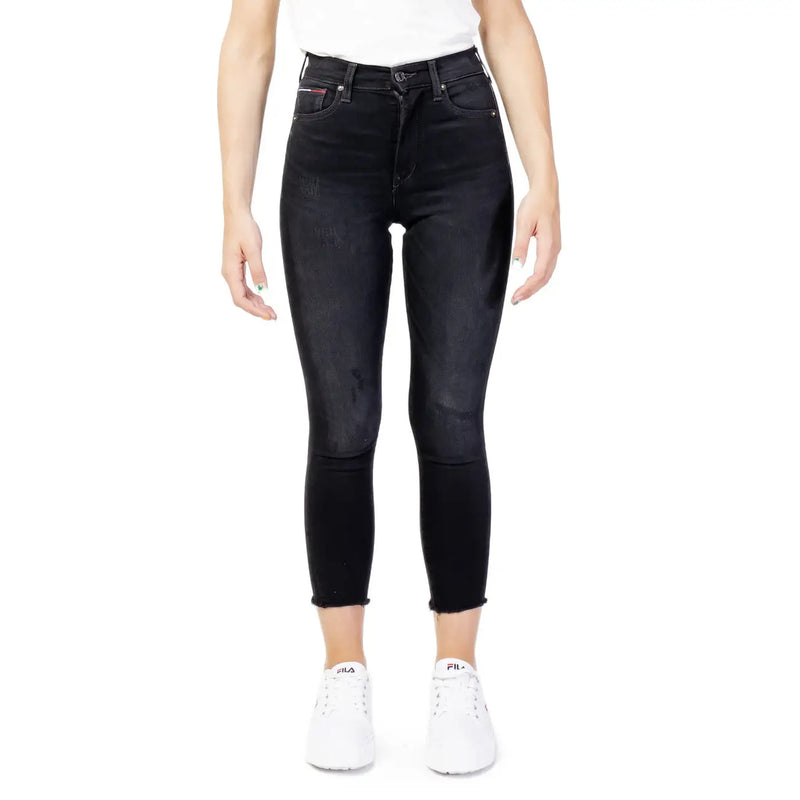Tommy Hilfiger Schwarze Damen-Jeans aus Baumwoll-Denim, hochgeschnitten, schmal geschnitten, mit verwaschenem Look und ausgefransten Säumen
