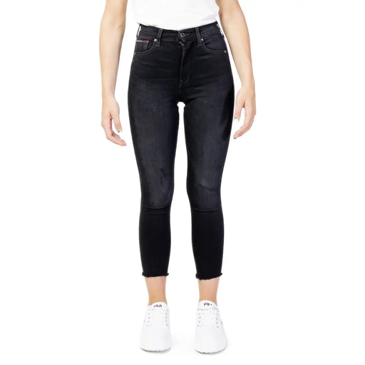 Tommy Hilfiger Schwarze Damen-Jeans aus Baumwoll-Denim, hochgeschnitten, schmal geschnitten, mit verwaschenem Look und ausgefransten Säumen
