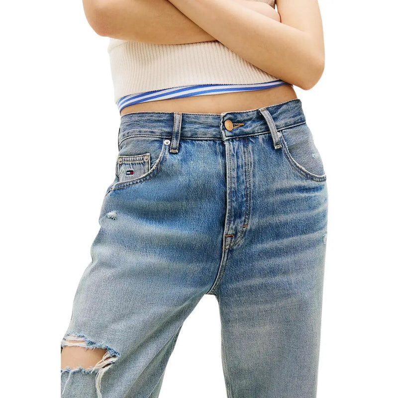 Tommy Hilfiger women denim jeans high waisted light blue organic cotton with faded wash distressed ripped knees and frayed edges