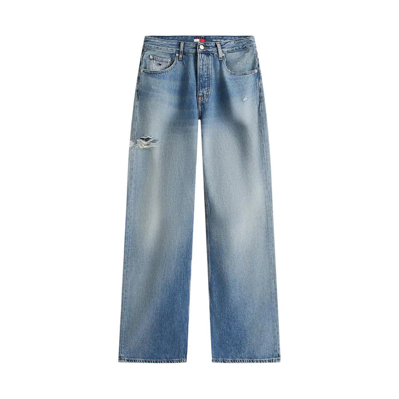 Tommy Hilfiger women denim jeans light blue organic cotton with distressed tear on left thigh and branded waistband