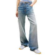 Tommy Hilfiger women denim jeans high-waisted light blue organic cotton with faded wash and distressed detail on left thigh