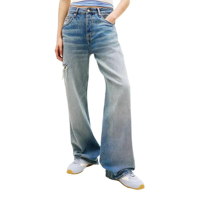 Tommy Hilfiger women denim jeans high-waisted light blue organic cotton with faded wash and distressed detail on left thigh