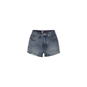 Tommy Hilfiger women denim shorts in organic cotton blue with distressed frayed hems and five-pocket design