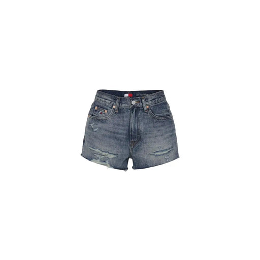 Tommy Hilfiger women denim shorts in organic cotton blue with distressed frayed hems and five-pocket design