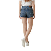 Tommy Hilfiger women denim shorts in organic blue cotton with high waist faded wash frayed hem and brown leather belt loop