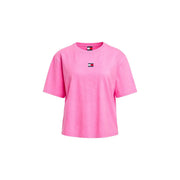 A vibrant pink tommy hilfiger women fuchsia organic cotton cropped t shirt with a small logo patch on the chest