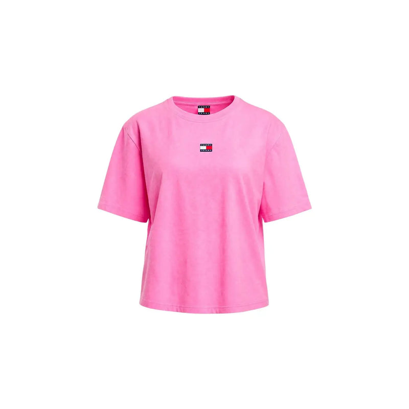 A vibrant pink tommy hilfiger women fuchsia organic cotton cropped t shirt with a small logo patch on the chest