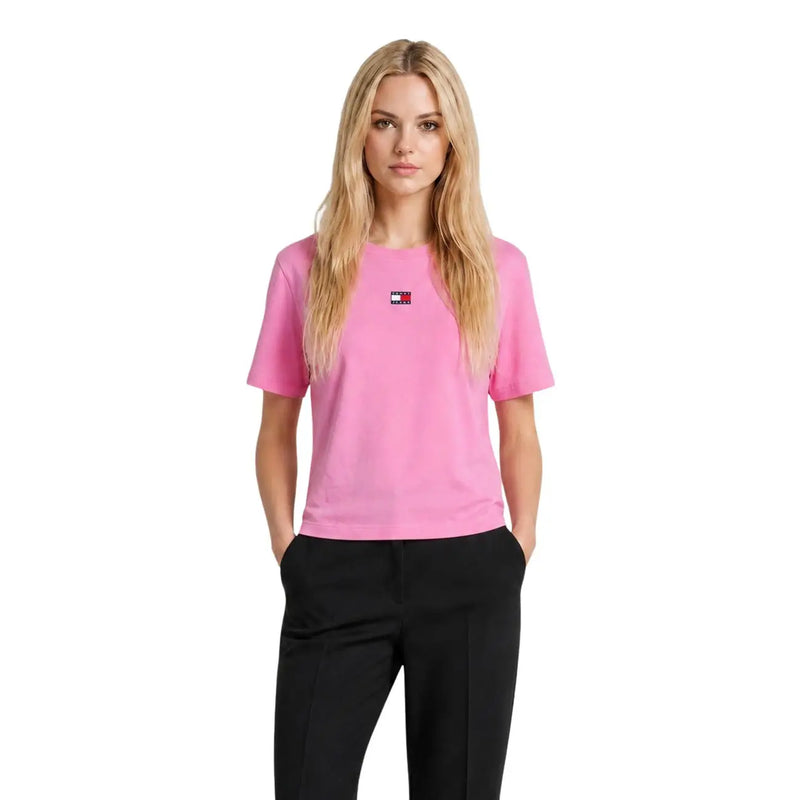 Pink tommy hilfiger women short-sleeved organic cotton t shirt with a small logo on the left chest
