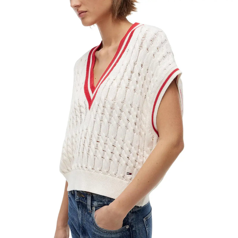 Tommy Hilfiger Damenweste, weiß, aus Bio-Baumwolle, ärmelloser Pullover mit V-Ausschnitt, rotem Besatz und Zopfmuster