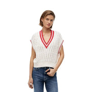 Tommy Hilfiger Damenweste, weißer, ärmelloser Pullover aus Bio-Baumwolle mit rotem V-Ausschnitt und dezentem Muster.