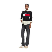 Schwarzer Tommy Hilfiger Damen-Strickpullover aus Bio-Baumwolle mit weißem und rotem Logostreifen über cremefarbenem Hemd