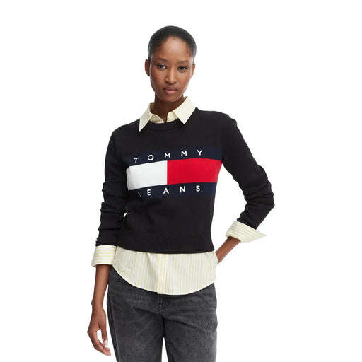 Tommy Hilfiger Schwarzer Damen-Strickpullover aus Bio-Baumwolle mit auffälligem rot-weiß-blauem Flaggenlogo auf der Brust