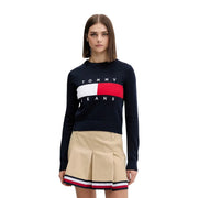 Marineblauer Tommy Hilfiger Damen-Strickpullover mit weißen und roten Logostreifen aus Bio-Baumwolle